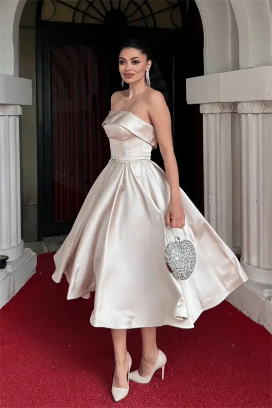 Saten Mato Orqa Ip Tafsilotli Midi Ko'ylak - KREM - 2