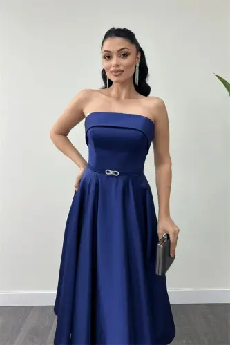 Saten Mato Orqa Ip Tafsilotli Midi Ko'ylak - LOJUVARD - 3