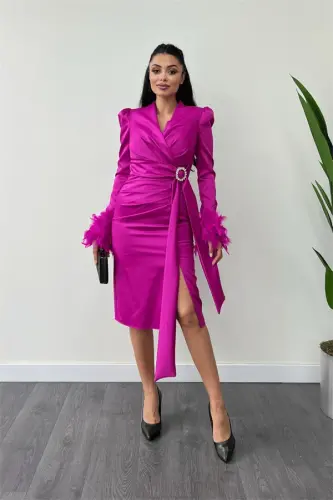 Saten mato Otrysh detallari bilan qalam ko'ylak - FUCHSIA - 1