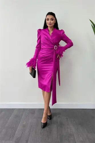 Saten mato Otrysh detallari bilan qalam ko'ylak - FUCHSIA - BÜYÜKBEDENIZ (1)