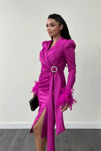 Saten mato Otrysh detallari bilan qalam ko'ylak - FUCHSIA - 3