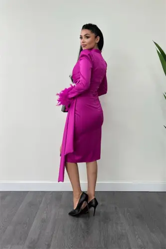 Saten mato Otrysh detallari bilan qalam ko'ylak - FUCHSIA - 5