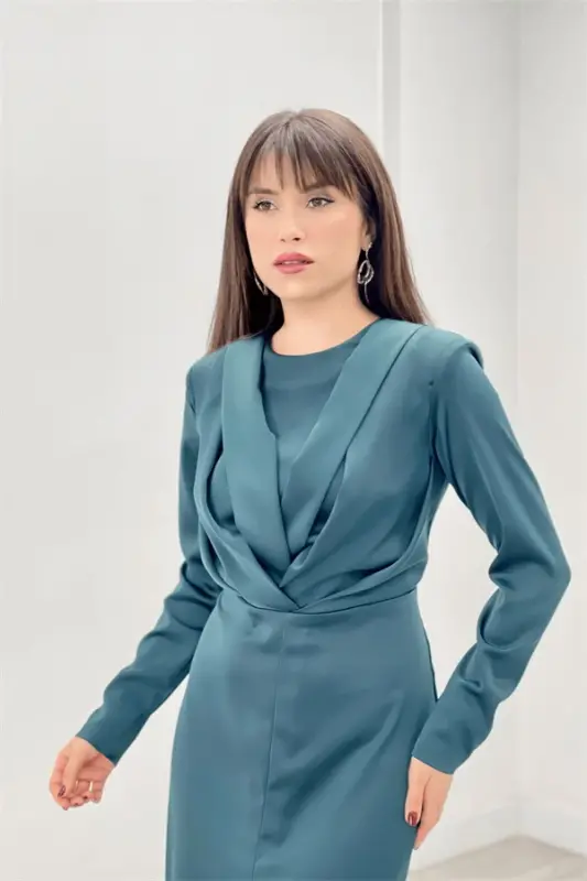 Saten mato plili detalli tesettür abaya libos - zumrad yashil - 3