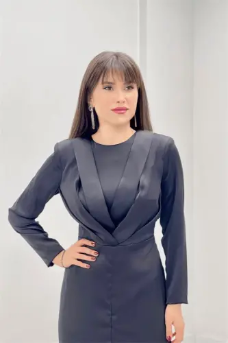 Saten mato plisse detalli tesettür abiye ko'ylak - QORA - 3