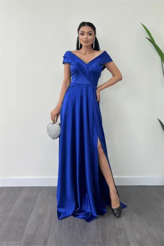 Saten mato qayiq yoqali kechki libos - SAKS MAVİY - 1