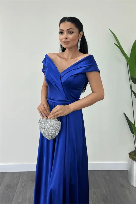 Saten mato qayiq yoqali kechki libos - SAKS MAVİY - 3