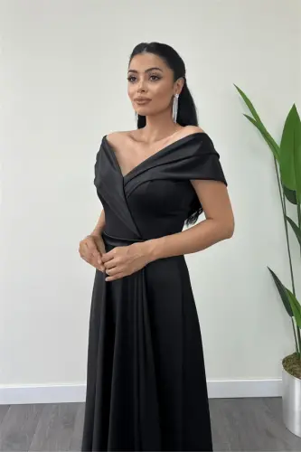Saten Mato Qayiq Yoqasi Kechki Libos - QORA - 4