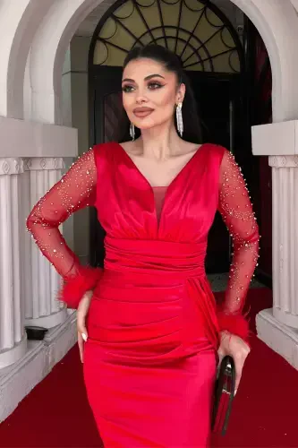 Saten mato qismlari otirishli munchoqli baliq ko'ylak - QIZIL-QIZIL - 4