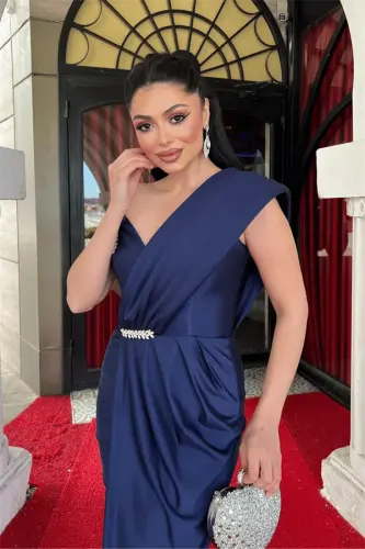 Saten Mato Şal Detalli Qalam Ko‘ylak - TO‘Q KO‘K - 3