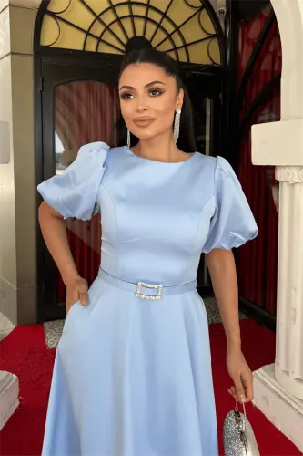 Saten matodan kamar detalli midi ko'ylak - BEBE HAVO RANGI - 3