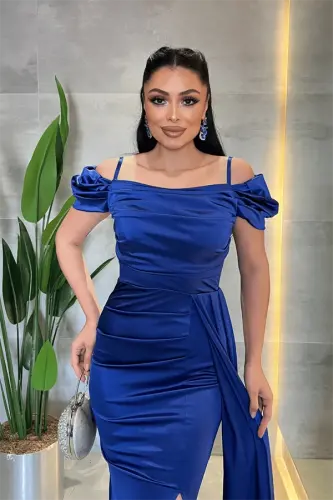 Saten matoli burmali shal detallik kechki libos - SAKS MAVIRI - 3