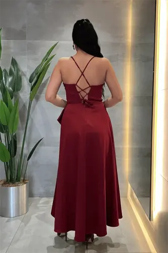 Saten Matoli Degaje Yoqali Midi Ko‘ylak - BORDO - 1