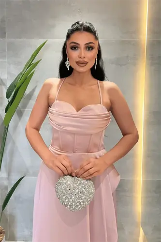 Saten Matoli Degaje Yoqali Midi Ko‘ylak - PUDRA - 2
