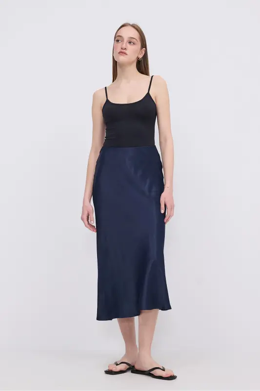 Saten Midi Yubka E16025-T3-To'q Ko'k - 1