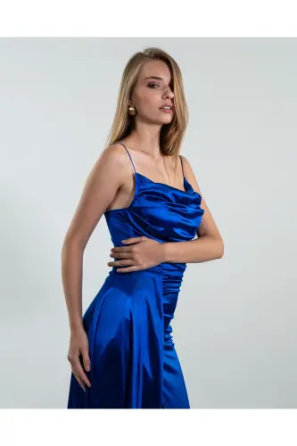 Saten Ön Pileli Abiye Elbise-mavi - MAFDRESS (1)