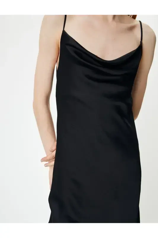 Saten uzun abiye koʻylak, ochiq yoqa, ingichka bogʻichli - 5