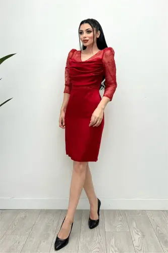 Saten Ve Tül Kumaş Degaje Yaka Abiye Elbise - KIRMIZI - 3