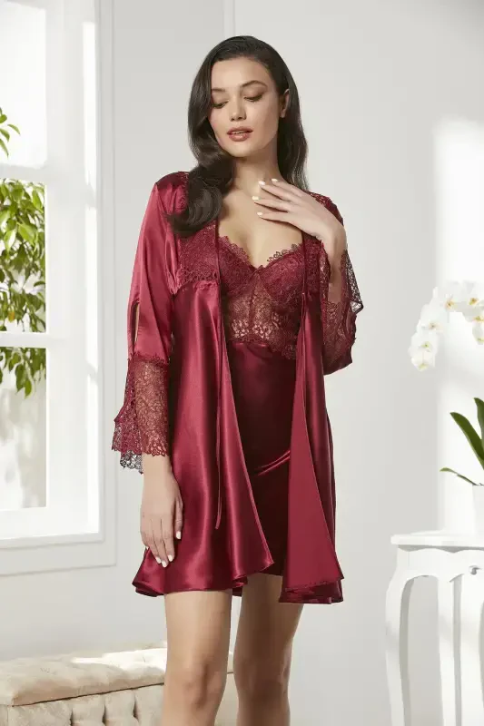 Satin Altılı Gelin Dowry Set - 6625 Claret Red-Claret Red - 2