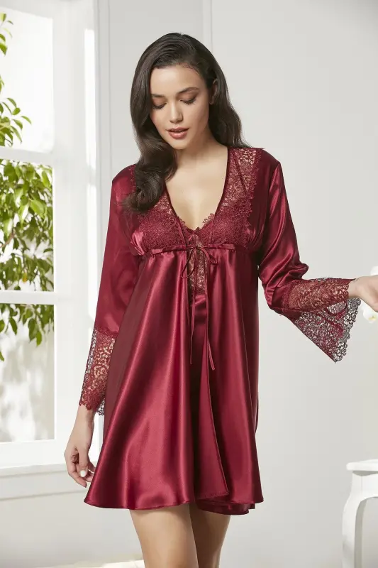 Satin Altılı Gelin Dowry Set - 6625 Claret Red-Claret Red - PIERRE CARDIN