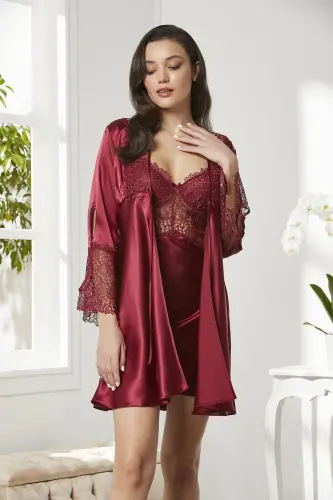 Satin Altılı Gelin Dowry Set - 6625 Claret Red-Claret Red - PIERRE CARDIN (1)