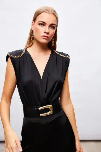 Satin Bodysuit Blouse with Chain Accessory - BLACK - 1