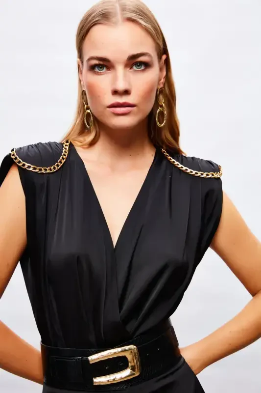 Satin Bodysuit Blouse with Chain Accessory - BLACK - 2