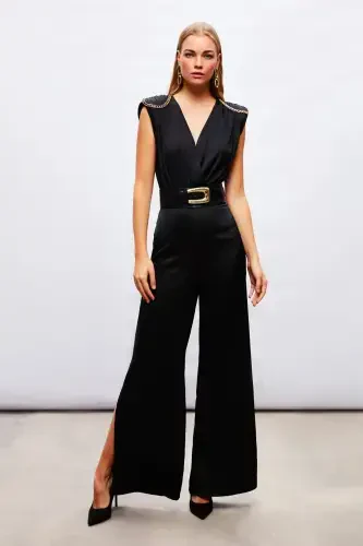 Satin Bodysuit Blouse with Chain Accessory - BLACK - 3