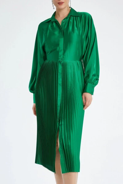 Satin Collared Pleated Midi Dress With Long Sleeves and Button Details In Green 37324 - Modazone
