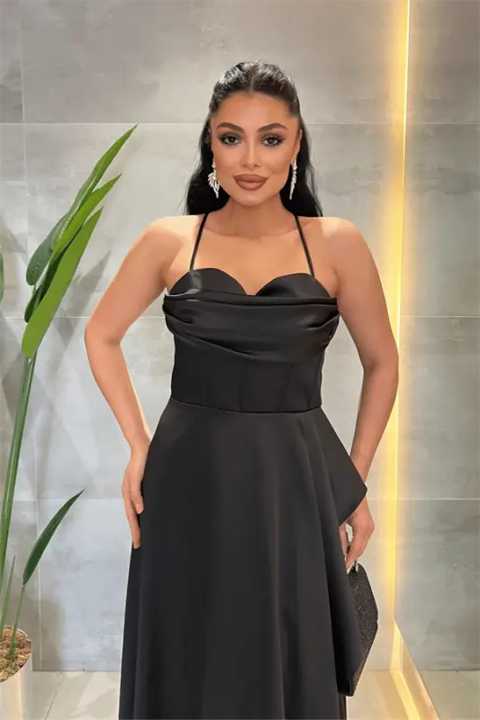Satin Cowl Neck Midi Dress - BLACK - 3