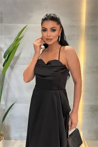 Satin Cowl Neck Midi Dress - BLACK - 4