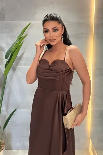 Satin Cowl Neck Midi Dress - BROWN - 3