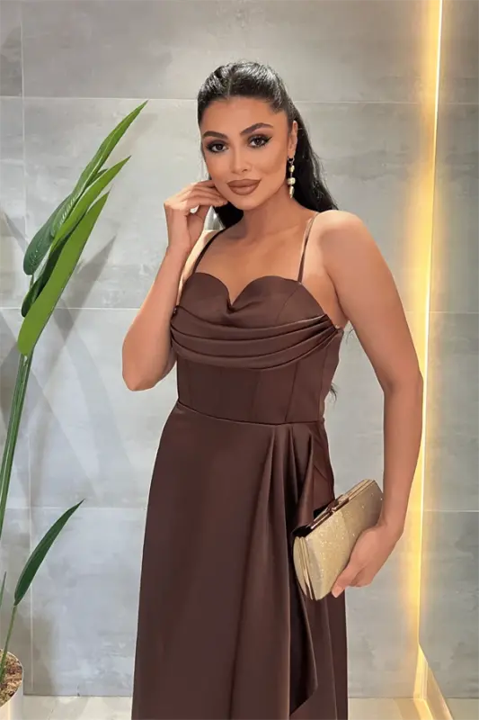 Satin Cowl Neck Midi Dress - BROWN - 3