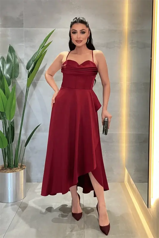 Satin Cowl Neck Midi Dress - BURGUNDY - 3