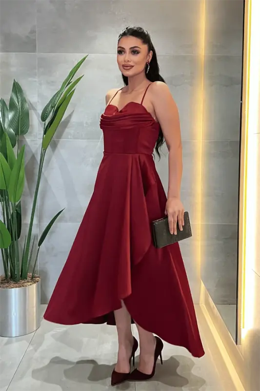 Satin Cowl Neck Midi Dress - BURGUNDY - 5