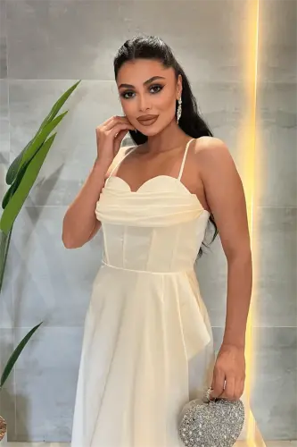 Satin Cowl Neck Midi Dress - CREAM - 4