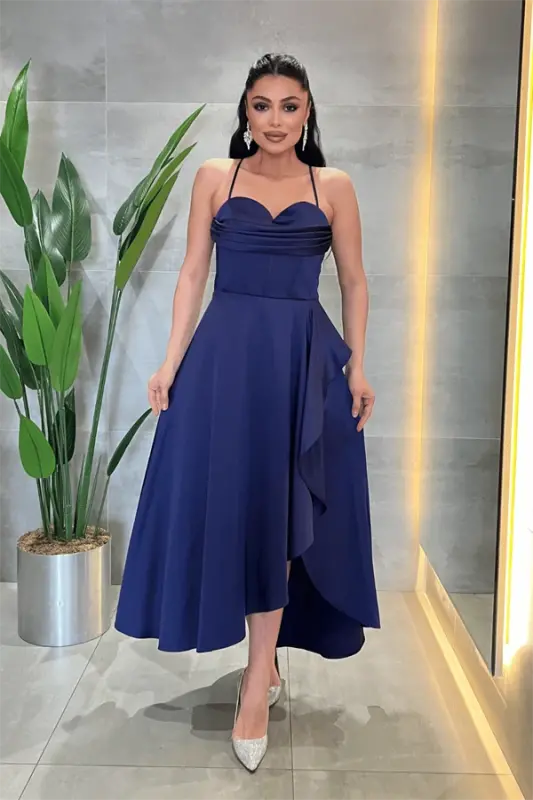 Satin Cowl Neck Midi Dress - NAVY BLUE - 4