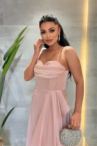 Satin Cowl Neck Midi Dress - POWDER - 3