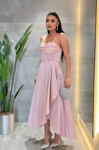 Satin Cowl Neck Midi Dress - POWDER - 4