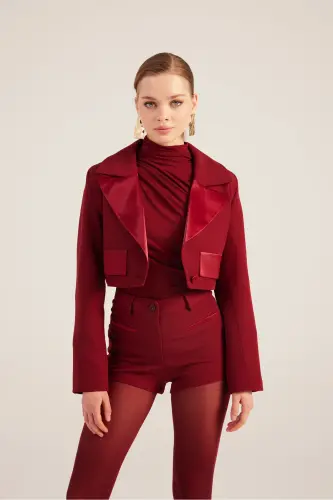 Satin Detail Camila Crop Blazer Jacket Burgundy - 3