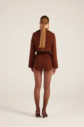 Satin Detailed Collar Camila Crop Blazer Jacket Coffee - 5