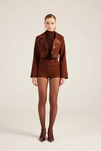 Satin Detailed Collar Camila Crop Blazer Jacket Coffee - 7