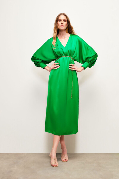 Satin Dress with Chain Belt - Green - 1