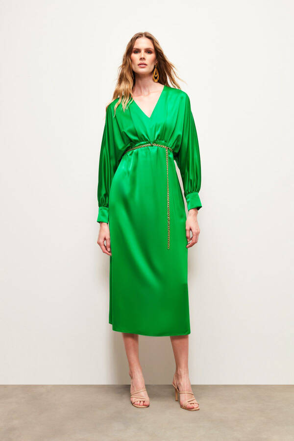 Satin Dress with Chain Belt - Green - 2