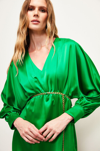 Satin Dress with Chain Belt - Green - 4