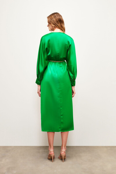 Satin Dress with Chain Belt - Green - 5