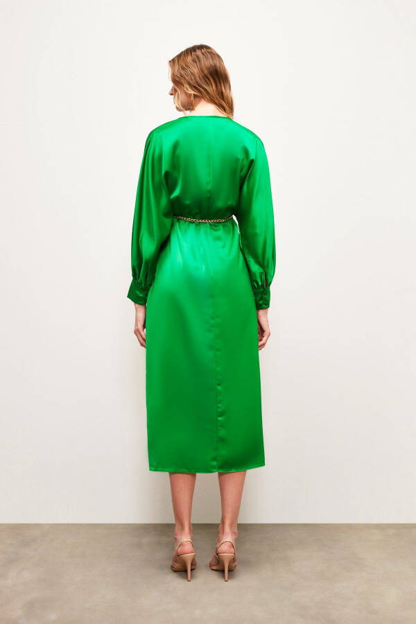 Satin Dress with Chain Belt - Green - 5