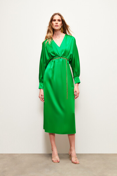 Satin Dress with Chain Belt - Green - 7