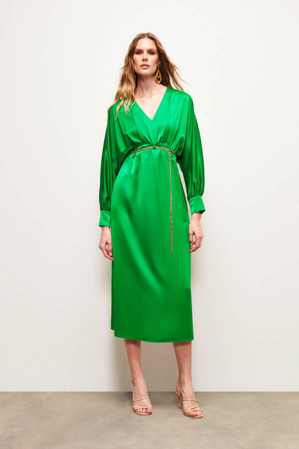 Satin Dress with Chain Belt - Green - 7