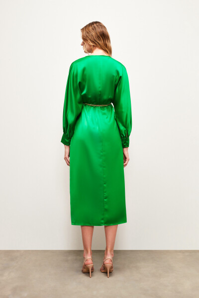 Satin Dress with Chain Belt - Green - 10