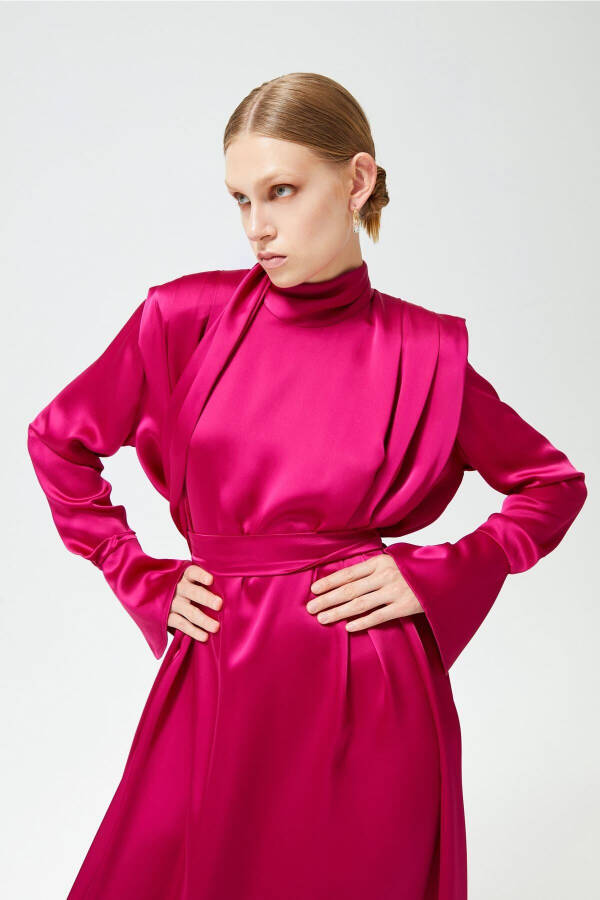 Satin Dress with Cuffed Sleeves - 4